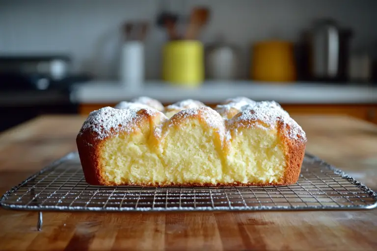 Golden-brown sour cream pound cake on a cooling rack, dusted with powdered sugar, in a rustic kitchen setting.