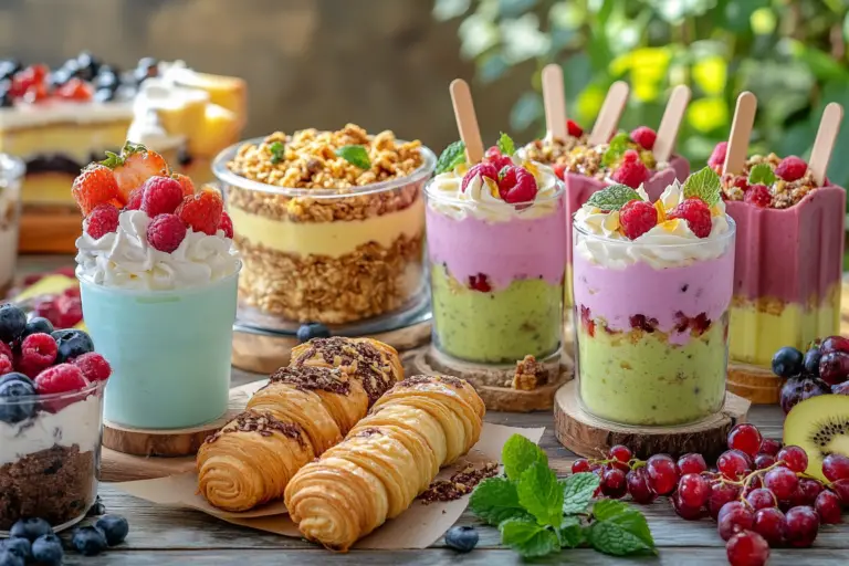 A variety of four main desserts, including pistachio pudding, popsicles, a layered cake, and croissants, arranged on a rustic wooden table with natural light.