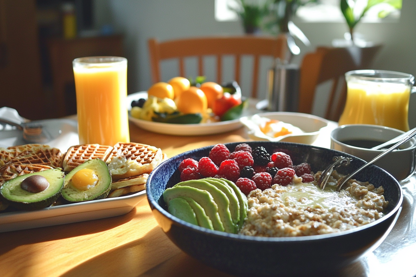 A vibrant breakfast table featuring oatmeal with berries, whole-grain waffles, scrambled eggs, avocado toast, orange juice, and a fruit platter in a sunny kitchen setting