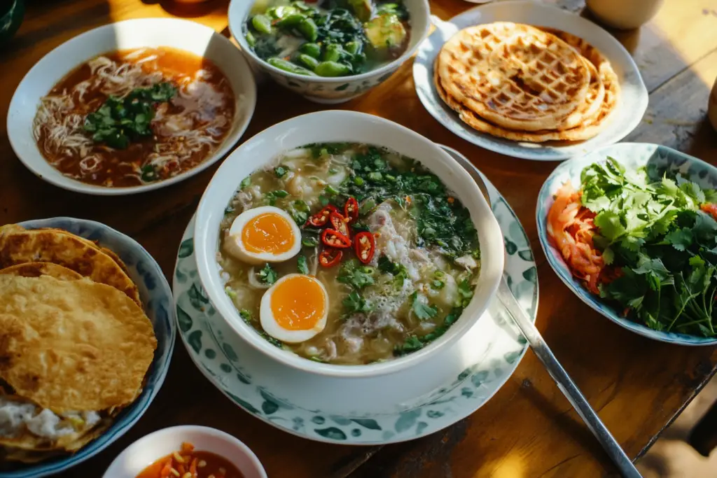 A vibrant table showcasing a variety of Asian breakfast foods, such as miso soup, congee, dosa waffles, and Banh Mi, representing the diversity of Asian breakfast culture.