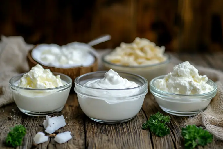 A variety of cream sauce substitutes including Greek yogurt, coconut milk, cashew cream, and ricotta cheese in glass bowls on a wooden table, illuminated by soft natural light.