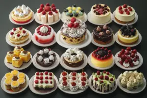 A display of 12 different types of desserts, including cakes, pastries, puddings, and more, arranged in an elegant pattern.