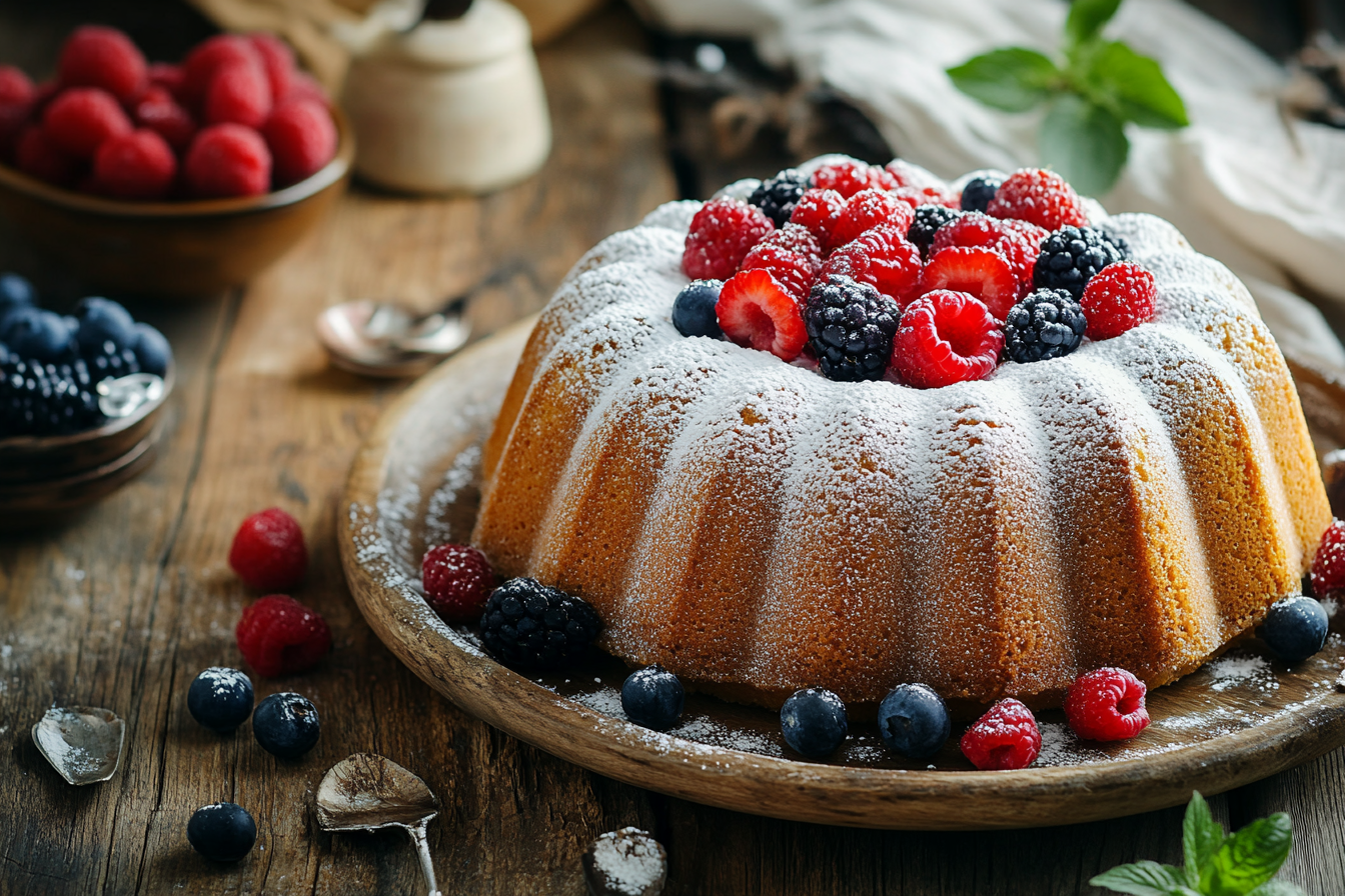 Freshly baked sour cream vanilla pound cake on a rustic wooden table, topped with powdered sugar and garnished with vibrant berries.