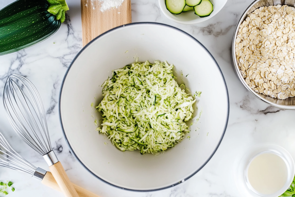 Preparation of vegan zucchini muffins with shredded zucchini and rolled oats in a bright kitchen.