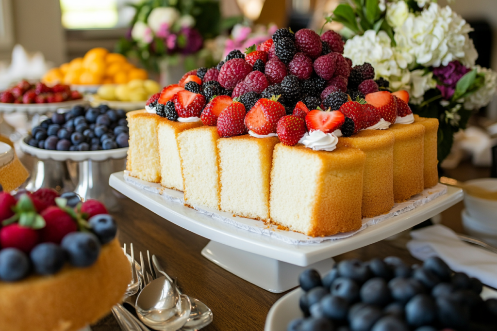 Dessert table with servings of sour cream pound cake, assorted toppings, and fresh fruits, perfect for a celebration.