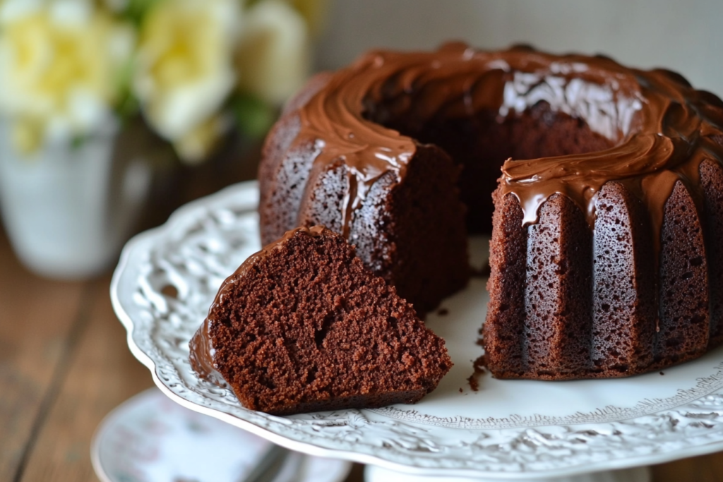 Sour cream chocolate cake on a vintage cake stand with a slice on a plate, showcasing the rich and moist texture.


