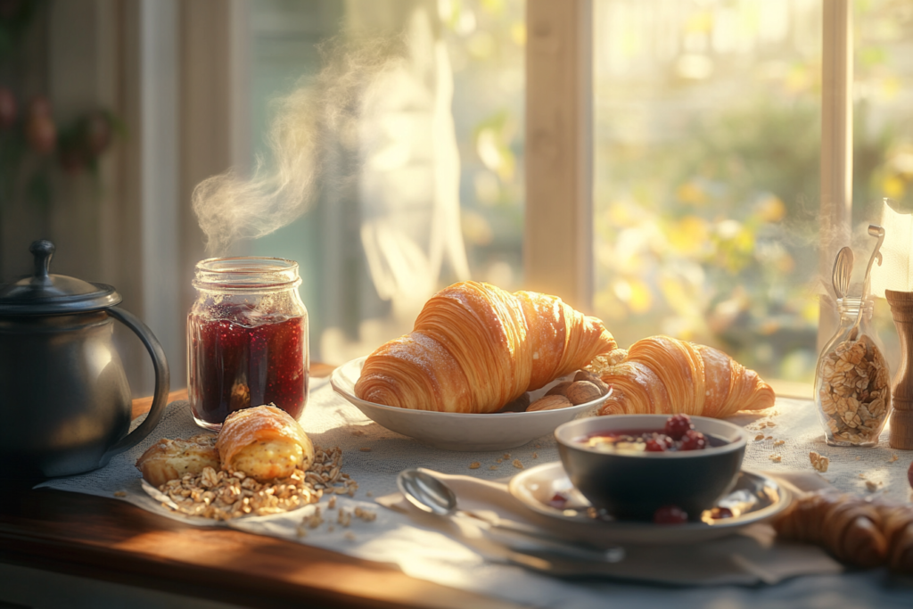 A European breakfast with croissants, muesli with berries, a jar of jam, and a cup of coffee, set in a cozy kitchen with morning sunlight.