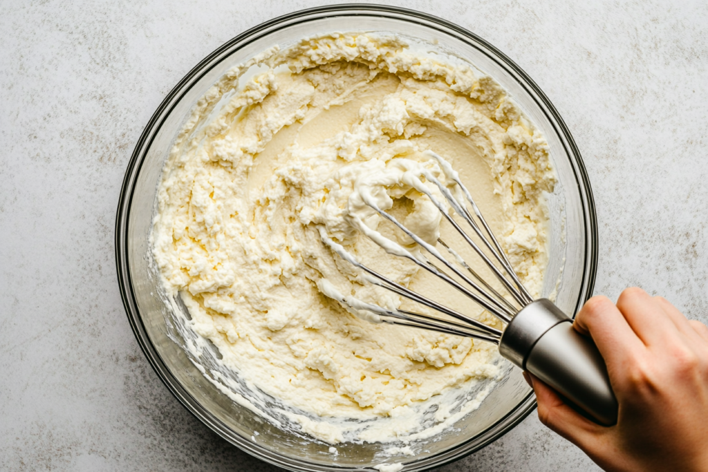 Hand mixer blending smooth cake batter with sour cream in a large glass bowl, highlighting the creamy consistency.


