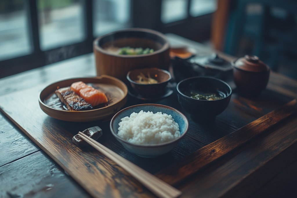 Traditional Japanese breakfast set with steamed rice, grilled fish, miso soup, and pickled vegetables on a wooden plate, showcasing an authentic Japanese morning meal.