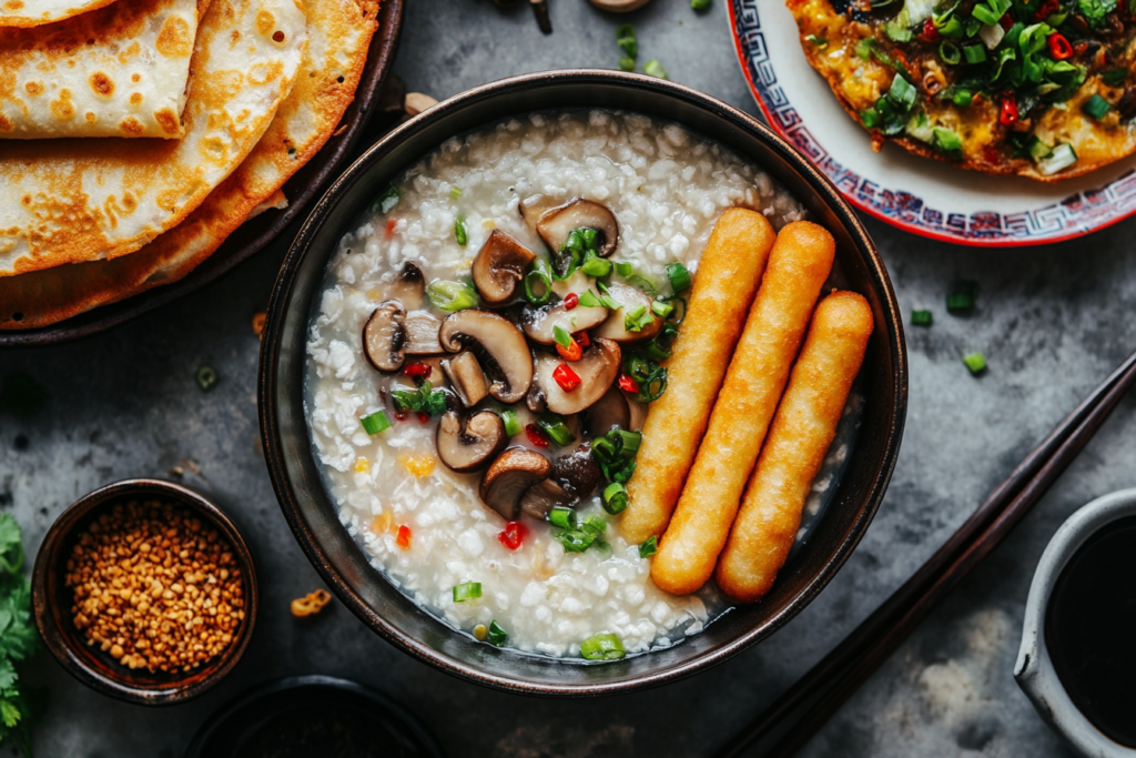 A bowl of Chinese congee with savory toppings like mushrooms and scallions, served with youtiao, alongside a plate of Ji Dan Bing, representing a typical Chinese breakfast.