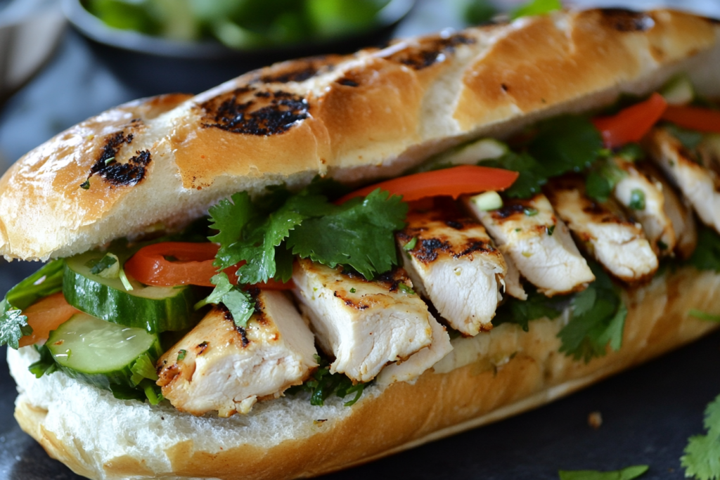 Vietnamese Banh Mi sandwich filled with lemongrass chicken, pickled vegetables, and fresh herbs, illustrating a popular Vietnamese breakfast option.