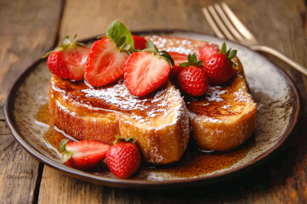 Thick slices of French toast topped with powdered sugar, fresh strawberries, and a drizzle of maple syrup on a rustic ceramic plate.