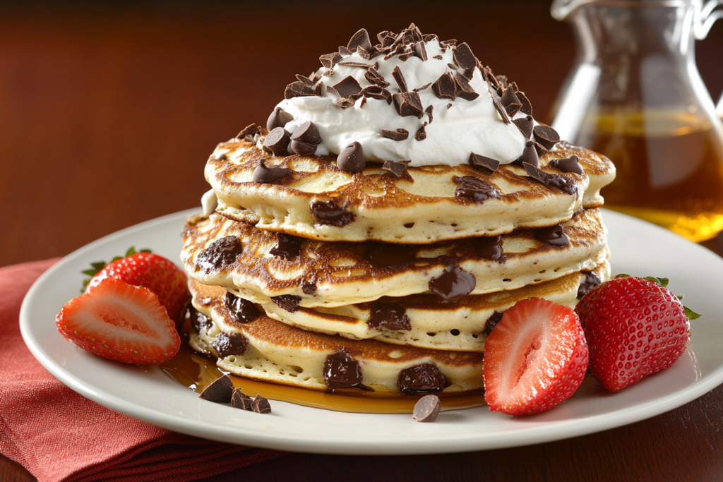 A stack of fluffy chocolate chip pancakes topped with whipped cream and chocolate shavings, with strawberries and syrup on the side.