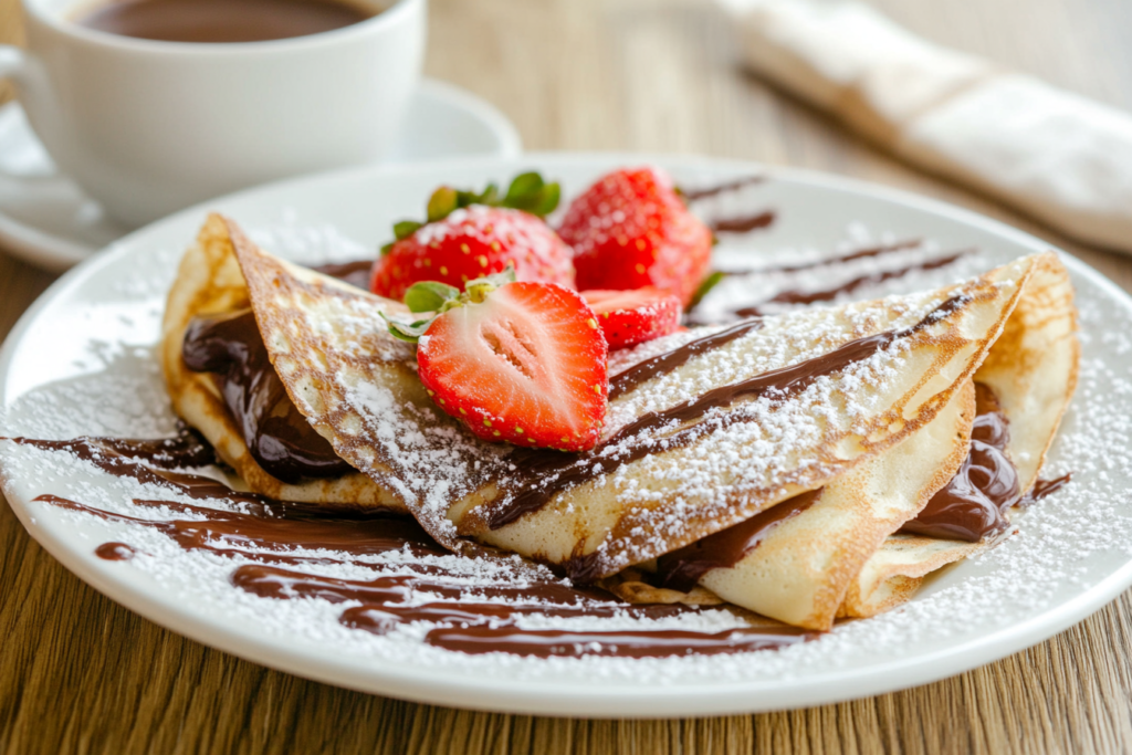 Delicate crepes filled with Nutella, topped with fresh strawberries and powdered sugar, with a cozy breakfast setting in the background.