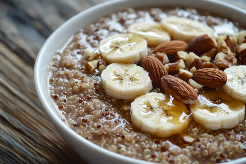 Close-up of a bowl of quinoa breakfast porridge with nuts, honey, and banana slices on a rustic wooden table