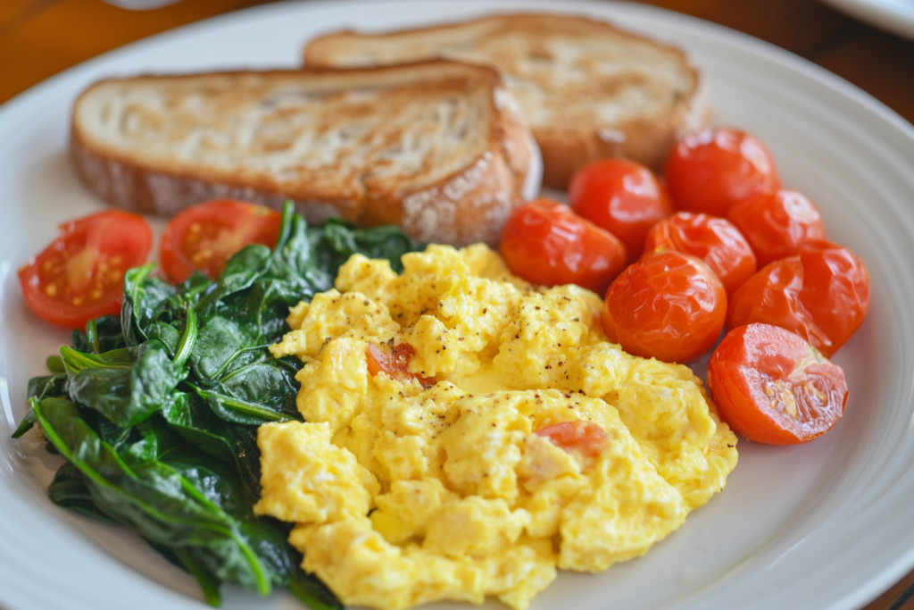 
Plate of scrambled eggs with sautéed spinach, cherry tomatoes, and whole-grain toast, arranged in a warm, inviting setting