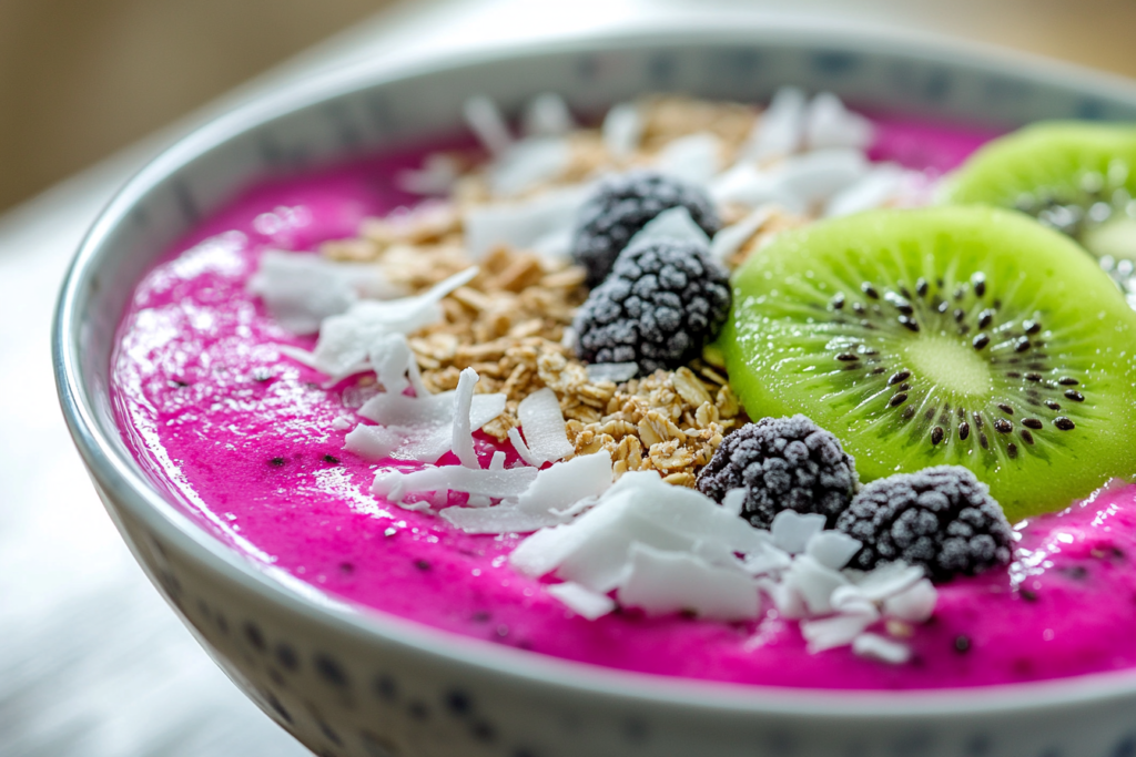 A vibrant smoothie bowl with blended dragon fruit, topped with kiwi slices, granola, and shredded coconut, colorful and fresh.