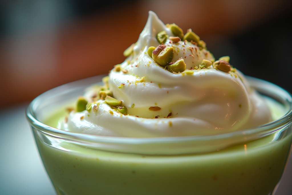 Pistachio pudding in a glass bowl topped with whipped cream and chopped pistachios.