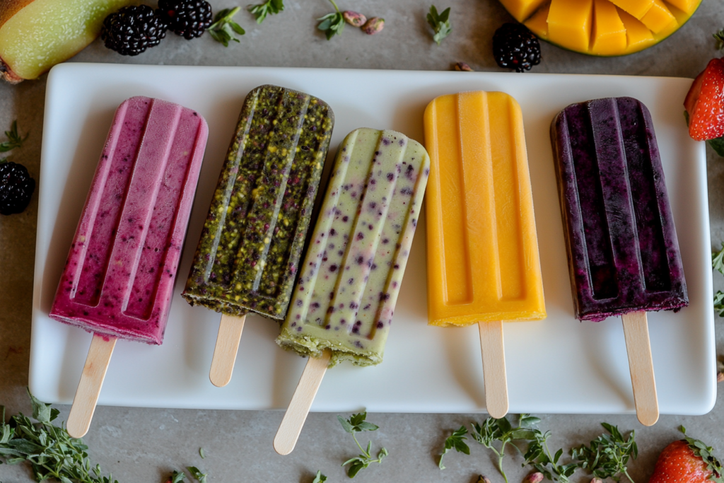 Three different flavored popsicles - pistachio, mixed berry, and mango - with fresh fruit pieces on a white plate.