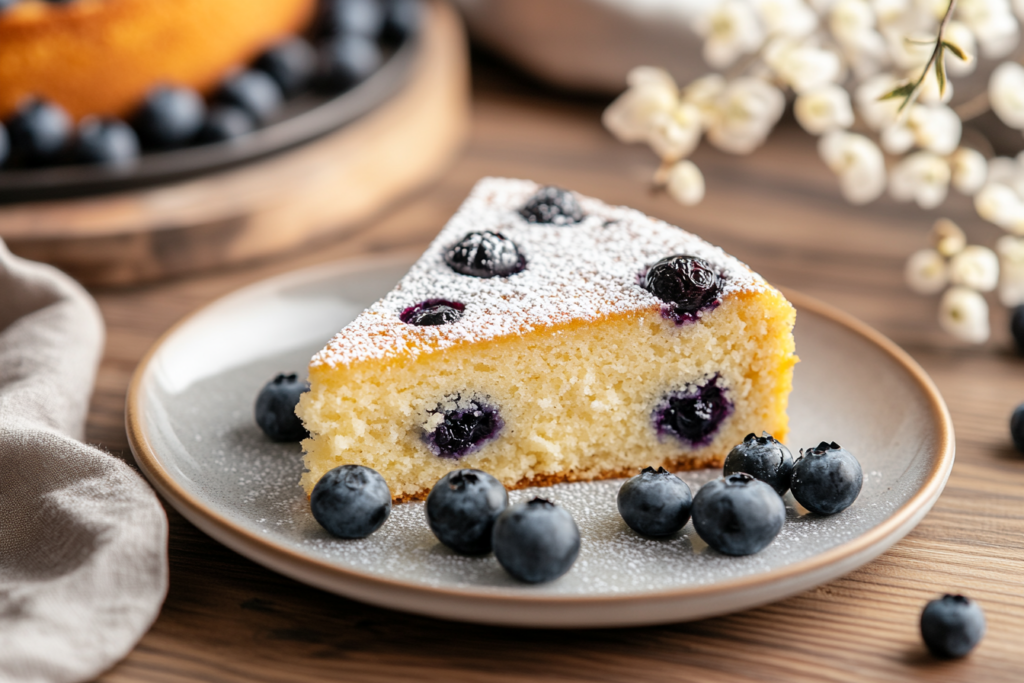 A slice of blueberry ricotta cake with blueberries and powdered sugar on a ceramic plate, giving a light and fluffy appearance