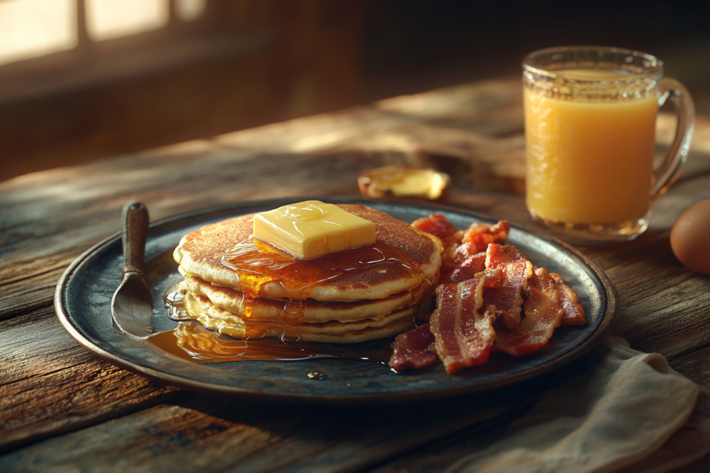 An American breakfast spread featuring fluffy pancakes with butter and syrup, scrambled eggs, and a glass of orange juice on a rustic table.