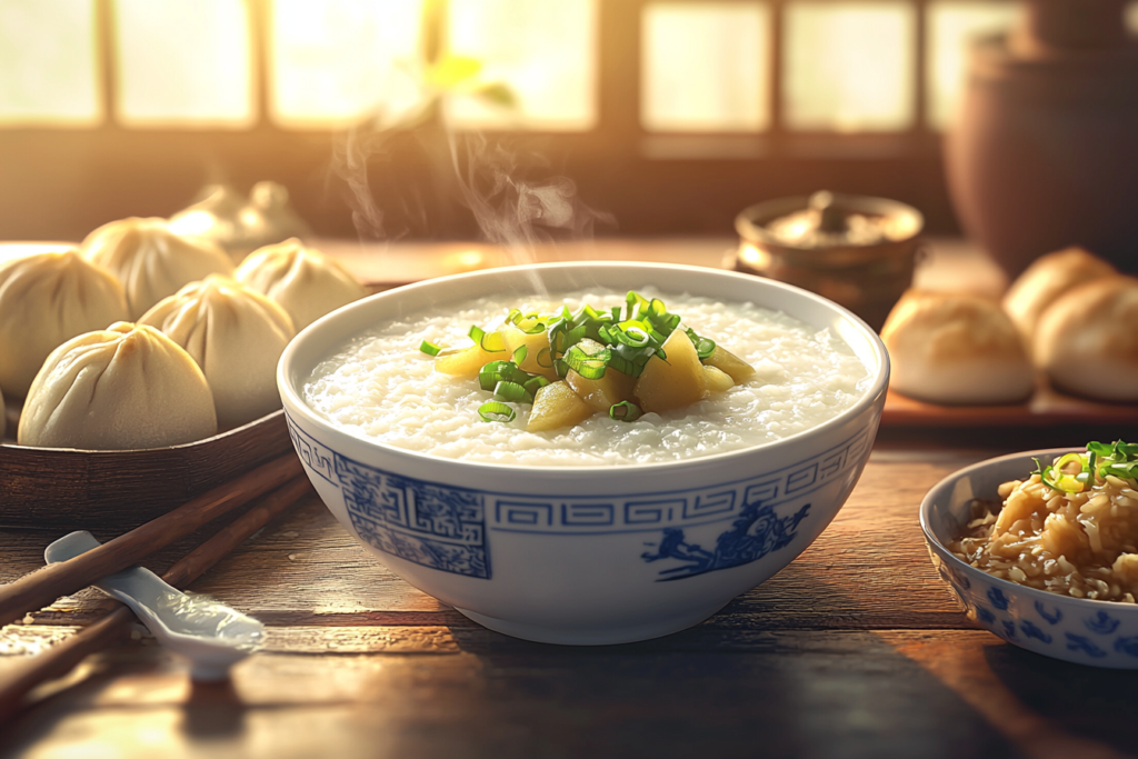 An Asian breakfast featuring congee with green onions, steamed buns, and a side of fresh fruit, set in a traditional kitchen setting