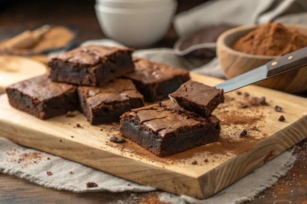 Freshly baked fudgy brownies being cut into chunks on a wooden cutting board with cocoa powder in the background.