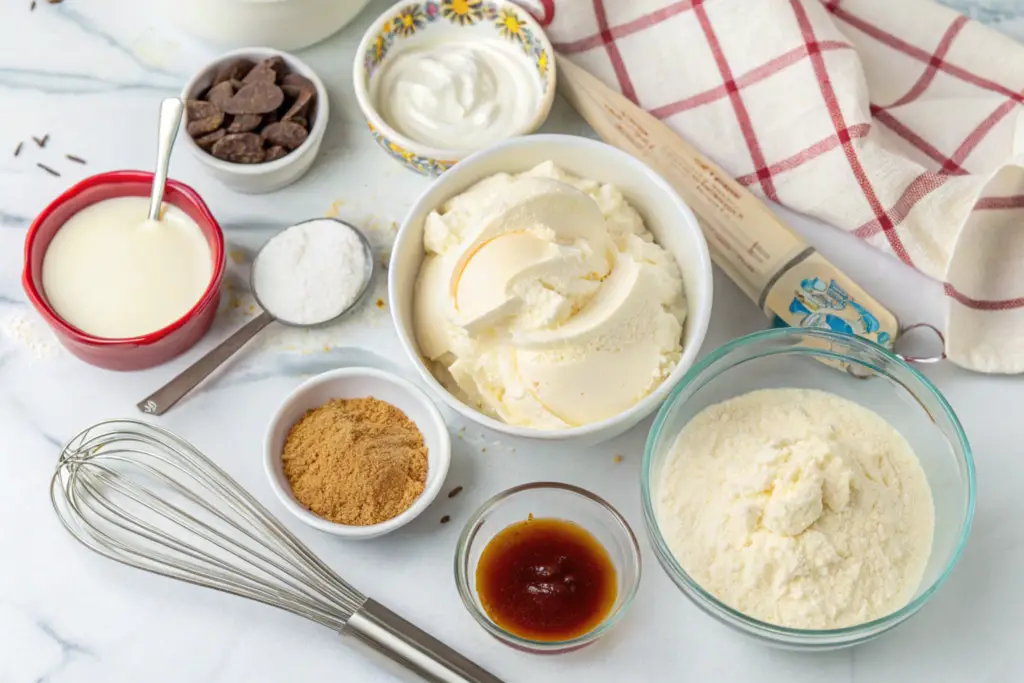 Ingredients for cheesecake ice cream, including cream cheese, heavy cream, vanilla extract, and sweetened condensed milk, displayed on a kitchen countertop