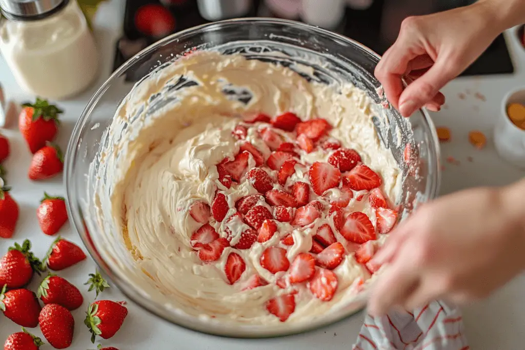 Close-up view of cream cheese mixture being swirled over strawberry cake batter in a baking dish to create a marbled effect.