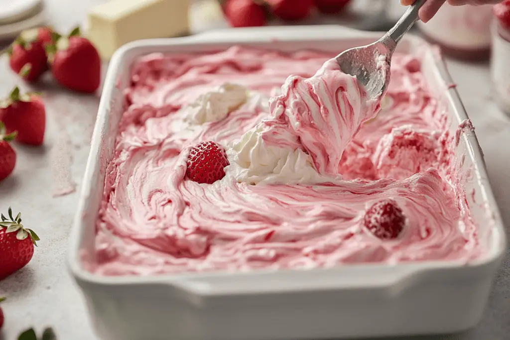 Close-up view of cream cheese mixture being swirled over strawberry cake batter in a baking dish to create a marbled effect.