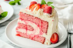 Hands mixing strawberry cake batter in a bowl with fresh chopped strawberries beside it in a kitchen setting.
