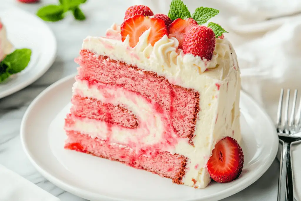Hands mixing strawberry cake batter in a bowl with fresh chopped strawberries beside it in a kitchen setting.