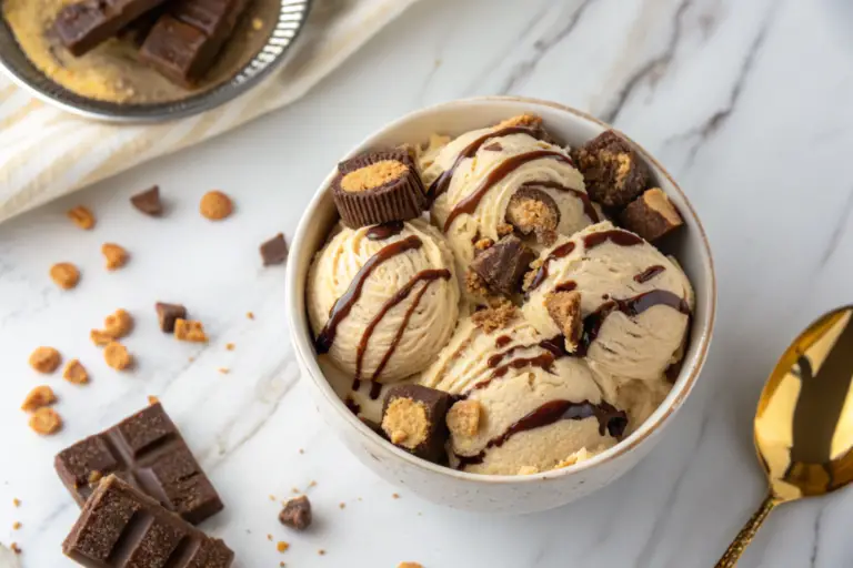 A bowl of peanut butter brownie double cheesecake ice cream with swirls of peanut butter, brownie chunks, and a drizzle of chocolate sauce on a marble background.