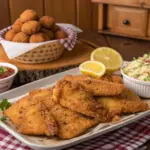 Golden, crispy fried fish fillets seasoned with hillbilly fish fry seasoning, served with coleslaw and hushpuppies on a rustic wooden table in a warm Southern kitchen.