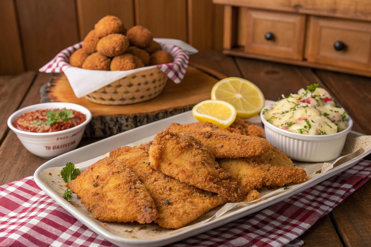 Golden, crispy fried fish fillets seasoned with hillbilly fish fry seasoning, served with coleslaw and hushpuppies on a rustic wooden table in a warm Southern kitchen.