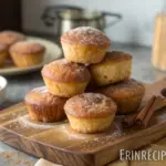 A stack of golden-brown vegetarian cinnamon sugar donut muffins dusted with cinnamon sugar, placed on a rustic wooden board with warm kitchen lighting in the background.