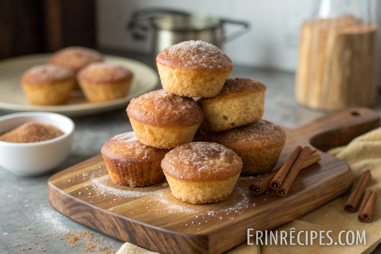 A stack of golden-brown vegetarian cinnamon sugar donut muffins dusted with cinnamon sugar, placed on a rustic wooden board with warm kitchen lighting in the background.