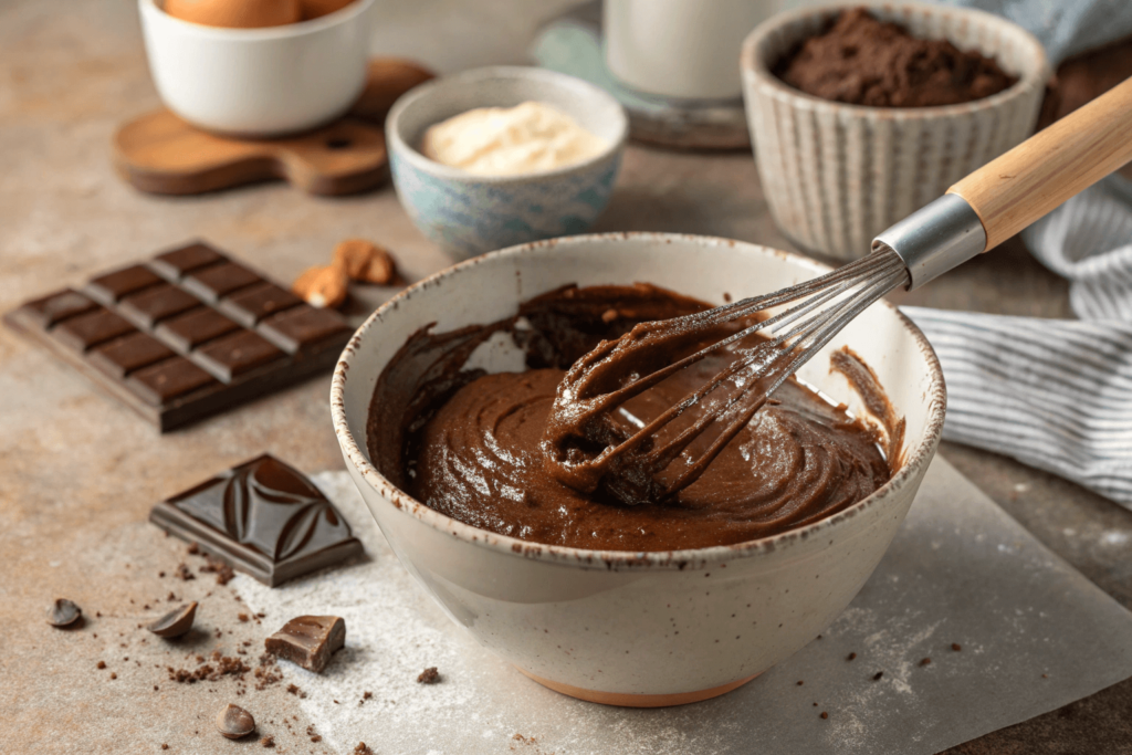 Chocolate brownie batter being mixed in a bowl for strawberry jelly-filled brownies.