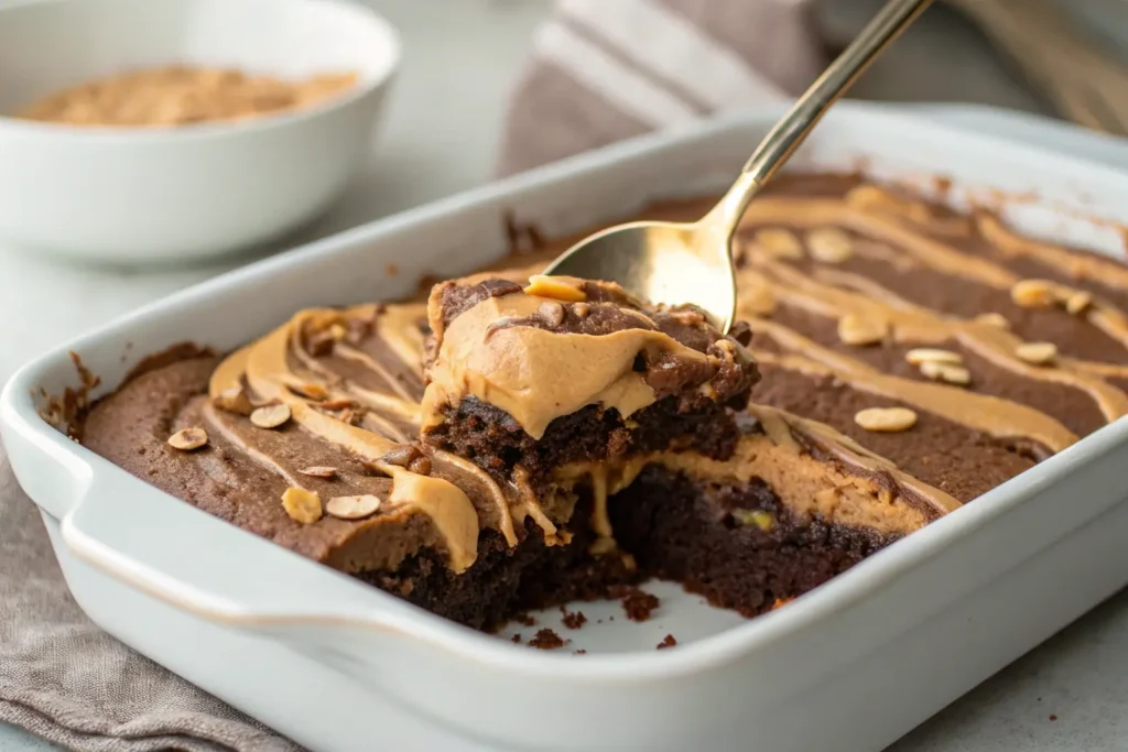 A baking dish showing layers of chocolate pudding, dry cake mix, and drizzled melted peanut butter and butter, with a spoon gently swirling the peanut butter into the top layer. Warm lighting highlights the rich textures and ingredients.