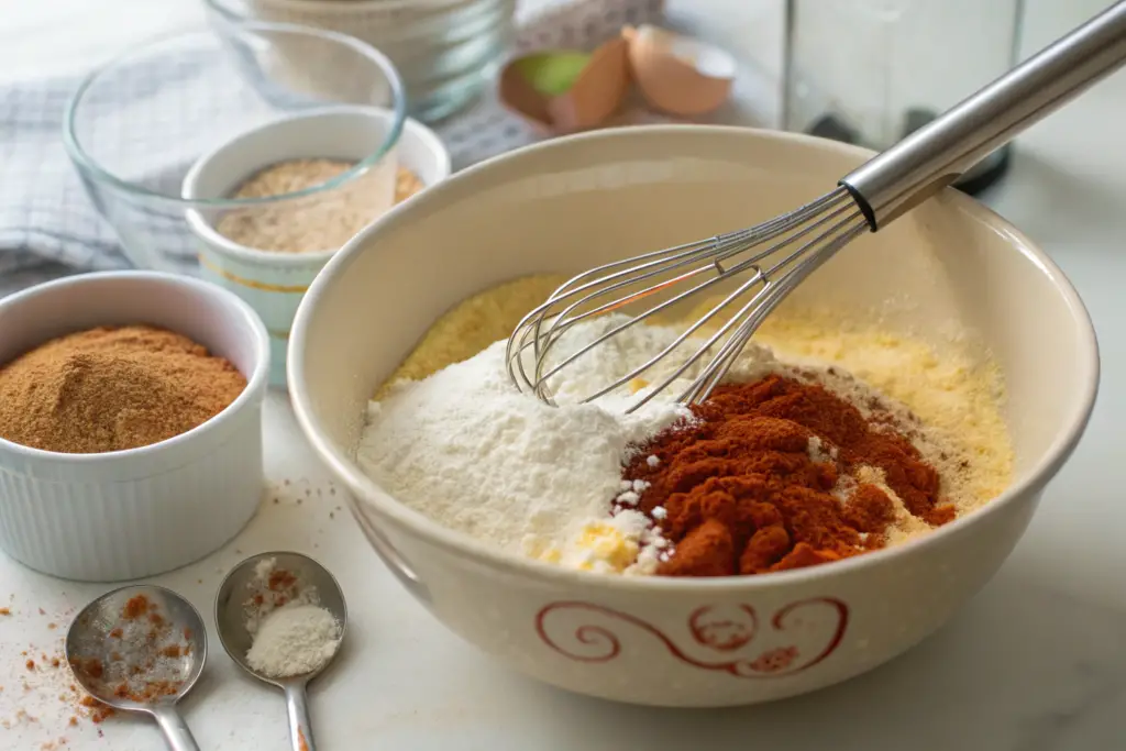 A bowl of hillbilly fish fry seasoning ingredients being mixed together on a kitchen counter