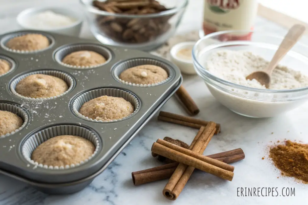 A muffin tin filled with uncooked batter for vegetarian cinnamon sugar donut muffins, with cinnamon sticks and sugar scattered around in a kitchen setting.