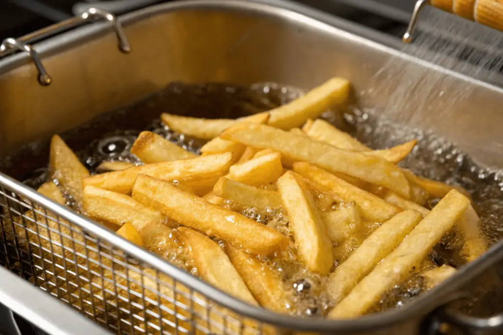 Golden fries frying in a bubbling deep fryer with steam rising.