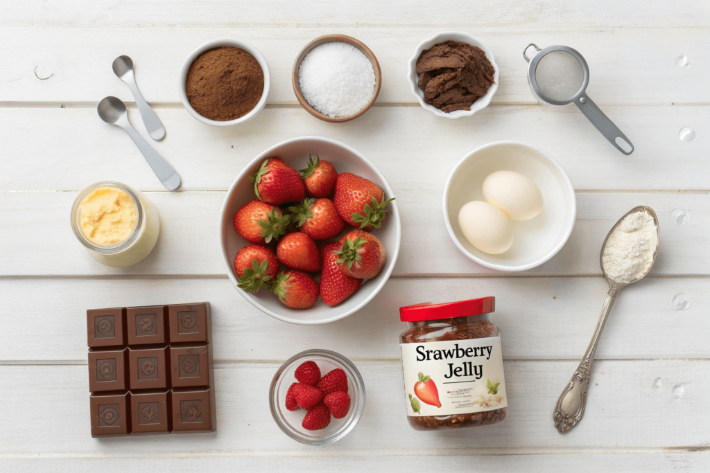 Essential ingredients for strawberry jelly-filled brownies: cocoa powder, flour, sugar, butter, eggs, vanilla, and strawberry jelly.