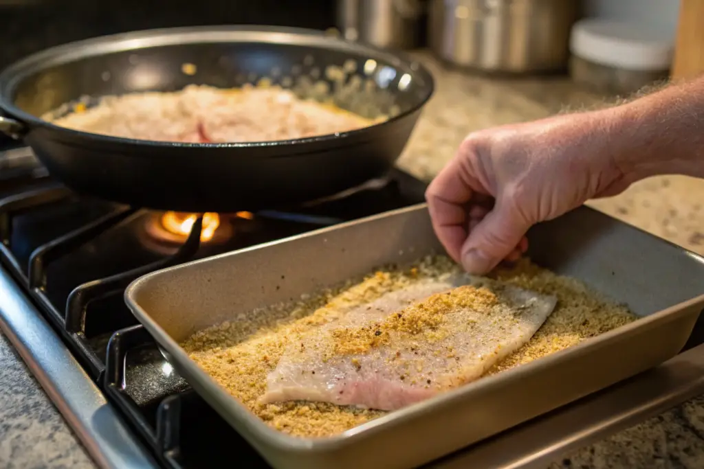 A fish fillet being coated in hillbilly fish fry seasoning, ready to be fried in a hot pan