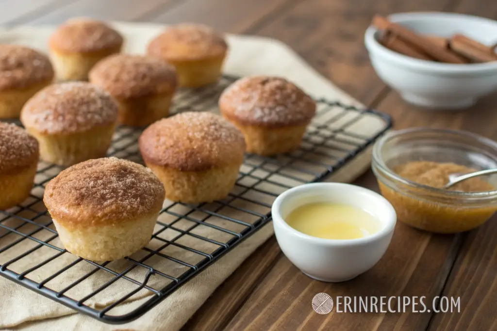 Freshly baked vegetarian cinnamon sugar donut muffins cooling on a wire rack with butter and cinnamon sugar ready for coating beside them.