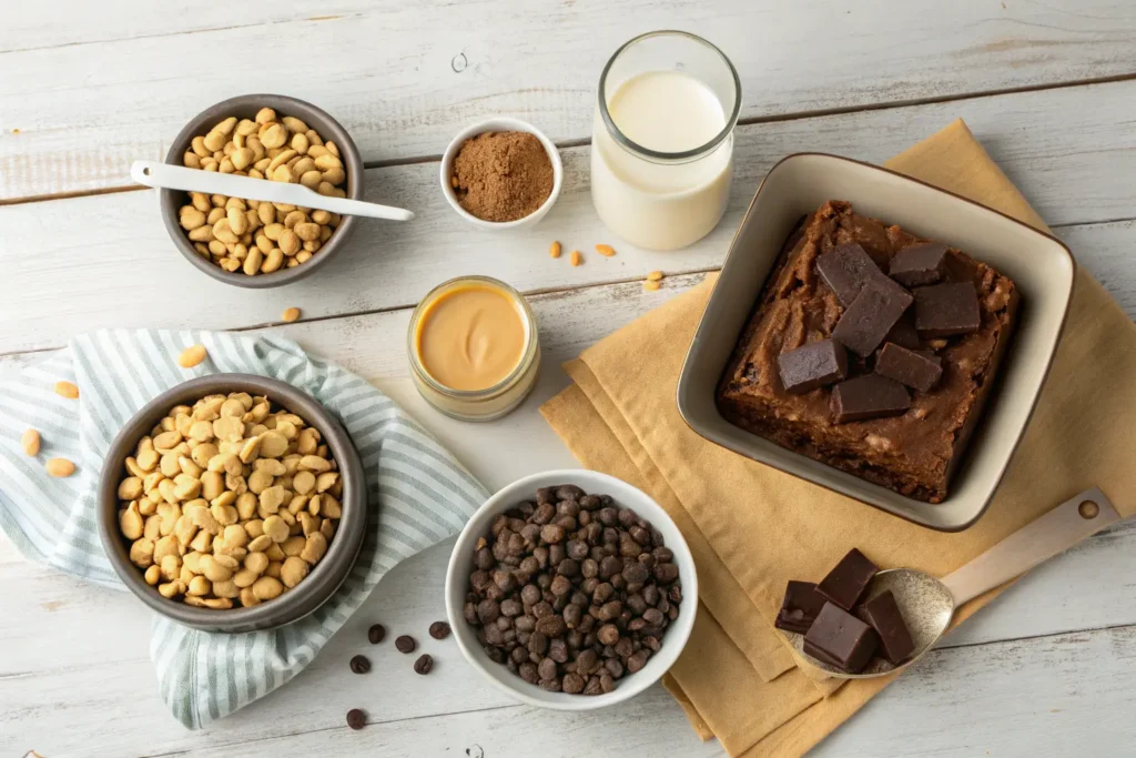 A top-down view of ingredients for Peanut Butter Cup Dump Cake, including chocolate cake mix, instant chocolate pudding mix, milk, peanut butter, melted butter, mini peanut butter cups, chocolate chips, and chopped peanuts, arranged on a rustic wooden kitchen counter.