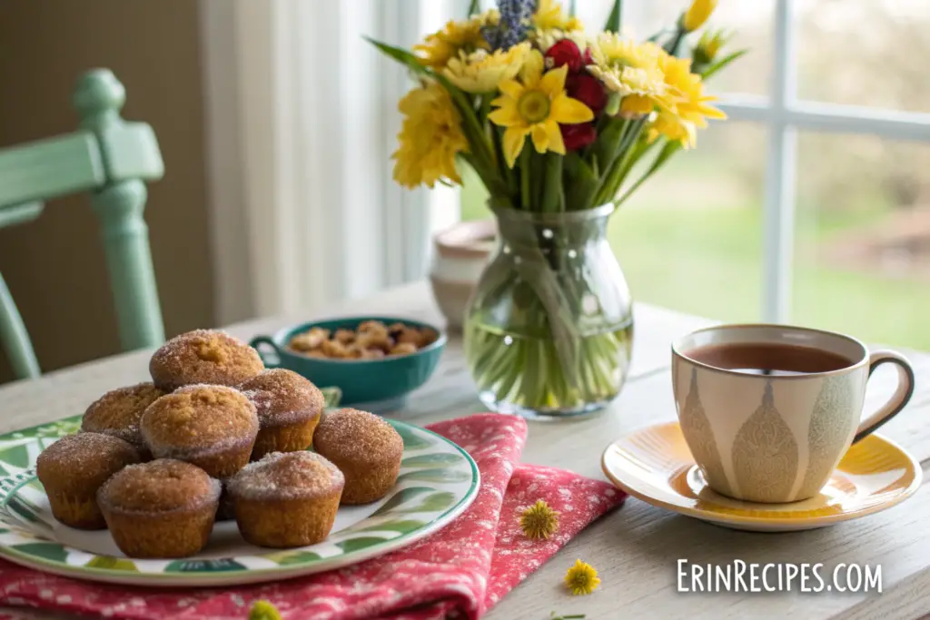 A breakfast table with a plate of vegetarian cinnamon sugar donut muffins and a steaming cup of tea, complemented by fresh flowers and a sunny window in the background.