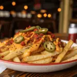 Hands seasoning potato wedges with Cajun spices in a glass mixing bowl, surrounded by vibrant spices on a kitchen counter.