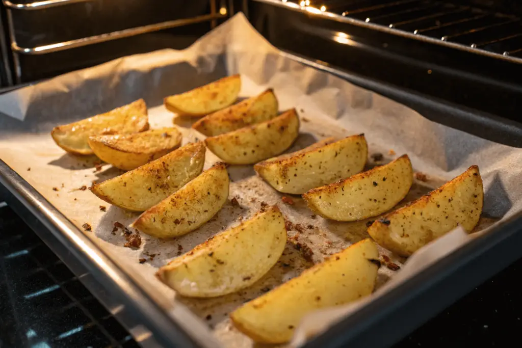 Golden potato wedges on a baking tray lined with parchment paper, halfway through baking, illuminated by oven light