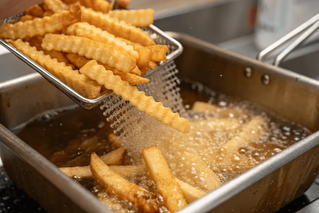 Close-up of Checkers Fries being dipped in batter mixture with steam rising from the fryer